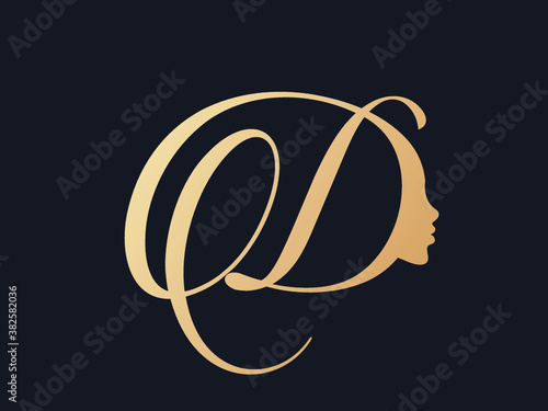 Letter D logo with beautiful woman portrait.Beauty, hair salon and cosmetics vector icon in golden color isolated on dark background.Calligraphic elegant shape.Luxury, feminine style silhouette.