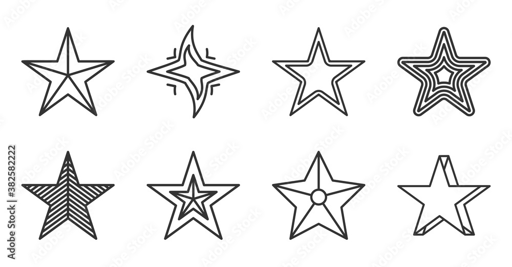 Set of black line star icon. Symbol starry magic, night sky. Template stars shape. Simple empty outline for tatto, app, game. Decoration element for christmas or birthday. Isolated vector illustration Set of black line star icon. Symbol starry magic, night sky. Template stars shape. Simple empty outline for tatto, app, game. Decoration element for christmas or birthday. Isolated vector illustration