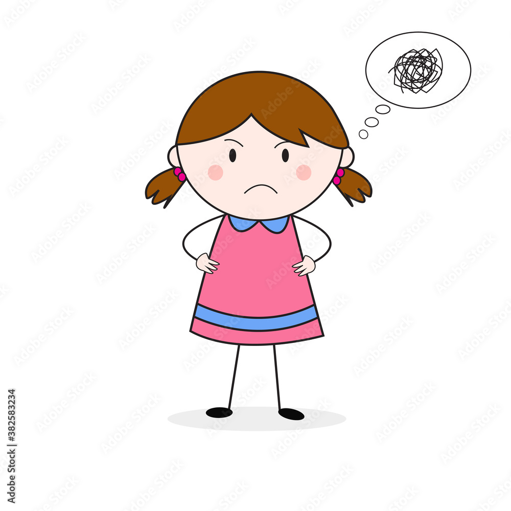 Doodle Girl Frown Angry Face Standing With Akimbo Pose Cartoon Vector