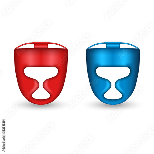 Boxing helmet set 3d realistic vector illustration isolated on white background, sports equipment for boxing, two of red and blue helmet boxer head protection