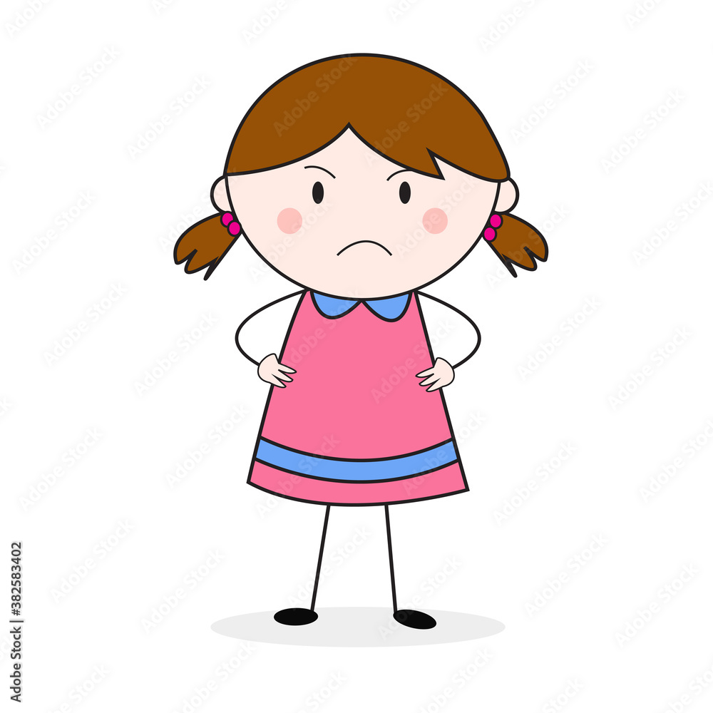 Doodle Girl Frown Face Standing With Akimbo Pose Cartoon Vector Doodle Girl Frown Face Standing With Akimbo Pose Cartoon Vector