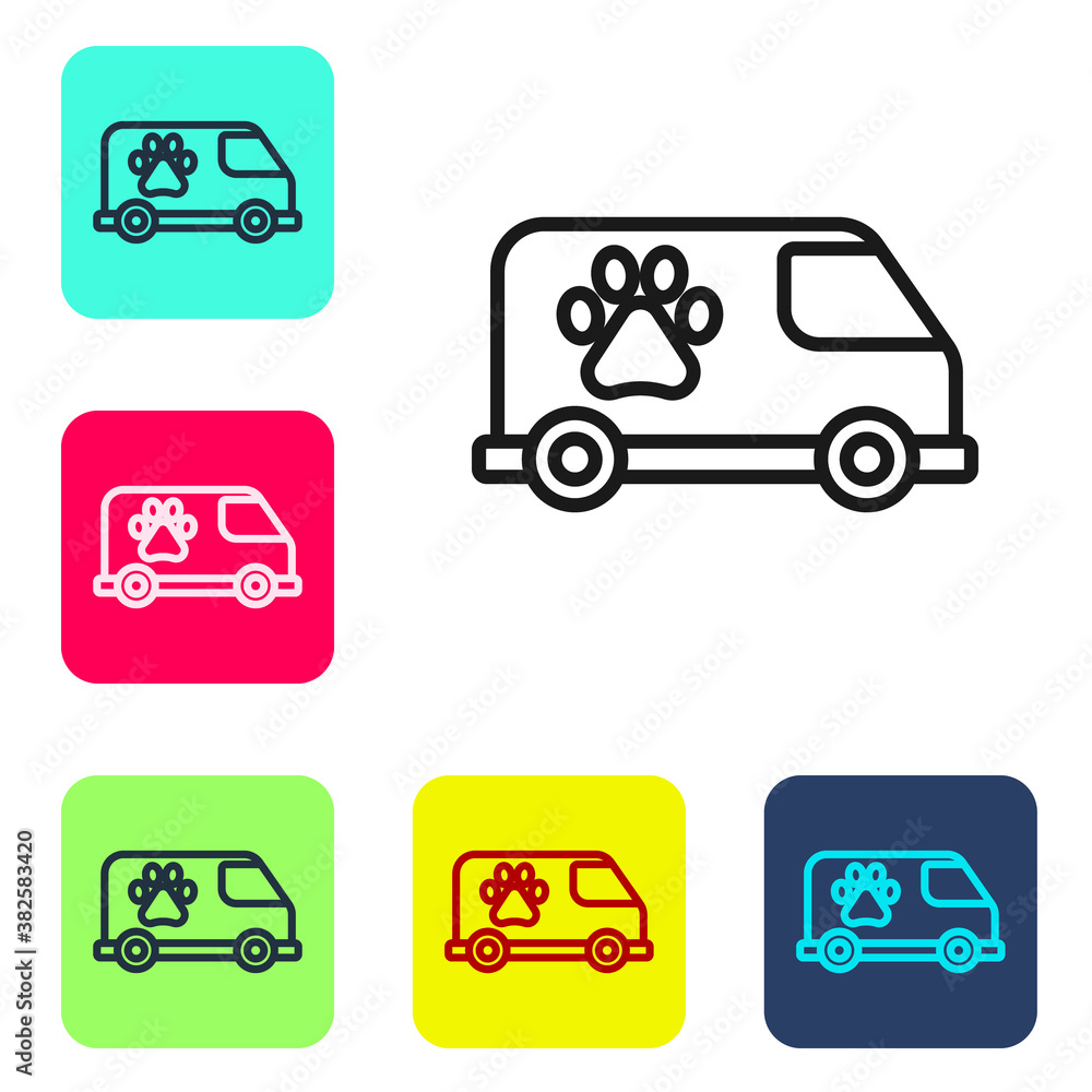 Black line Veterinary ambulance icon isolated on white background. Veterinary clinic symbol. Set icons in color square buttons. Vector. Black line Veterinary ambulance icon isolated on white background. Veterinary clinic symbol. Set icons in color square buttons. Vector.
