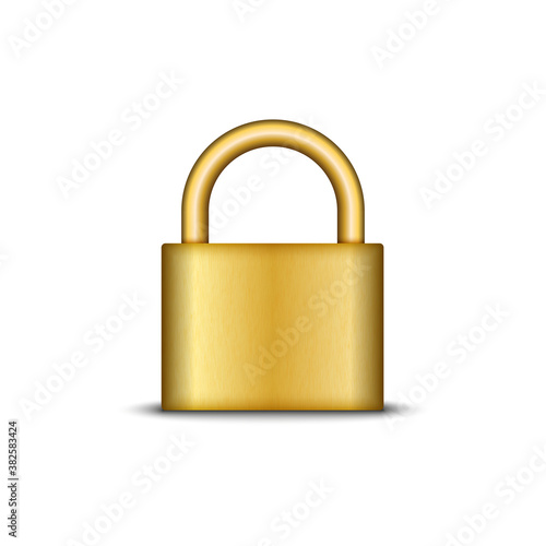 Golden lock 3d realistic vector illustration, closed padlock isolated on a white background.