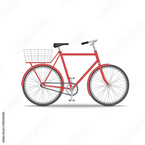 City old bike with a basket on the trunk isolated on white background, red bicycle realistic 3d model vector illustration, environmentally friendly transport.