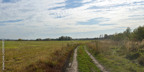 Autumn walks through forests and fields, beautiful panorama.