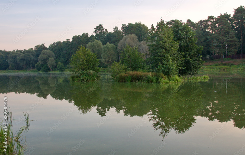 Calm weather on the lake in the early summer morning. Moscow region. Russia.