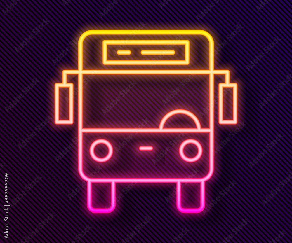 Glowing neon line Bus icon isolated on black background. Transportation concept. Bus tour transport sign. Tourism or public vehicle symbol. Vector. Glowing neon line Bus icon isolated on black background. Transportation concept. Bus tour transport sign. Tourism or public vehicle symbol. Vector.