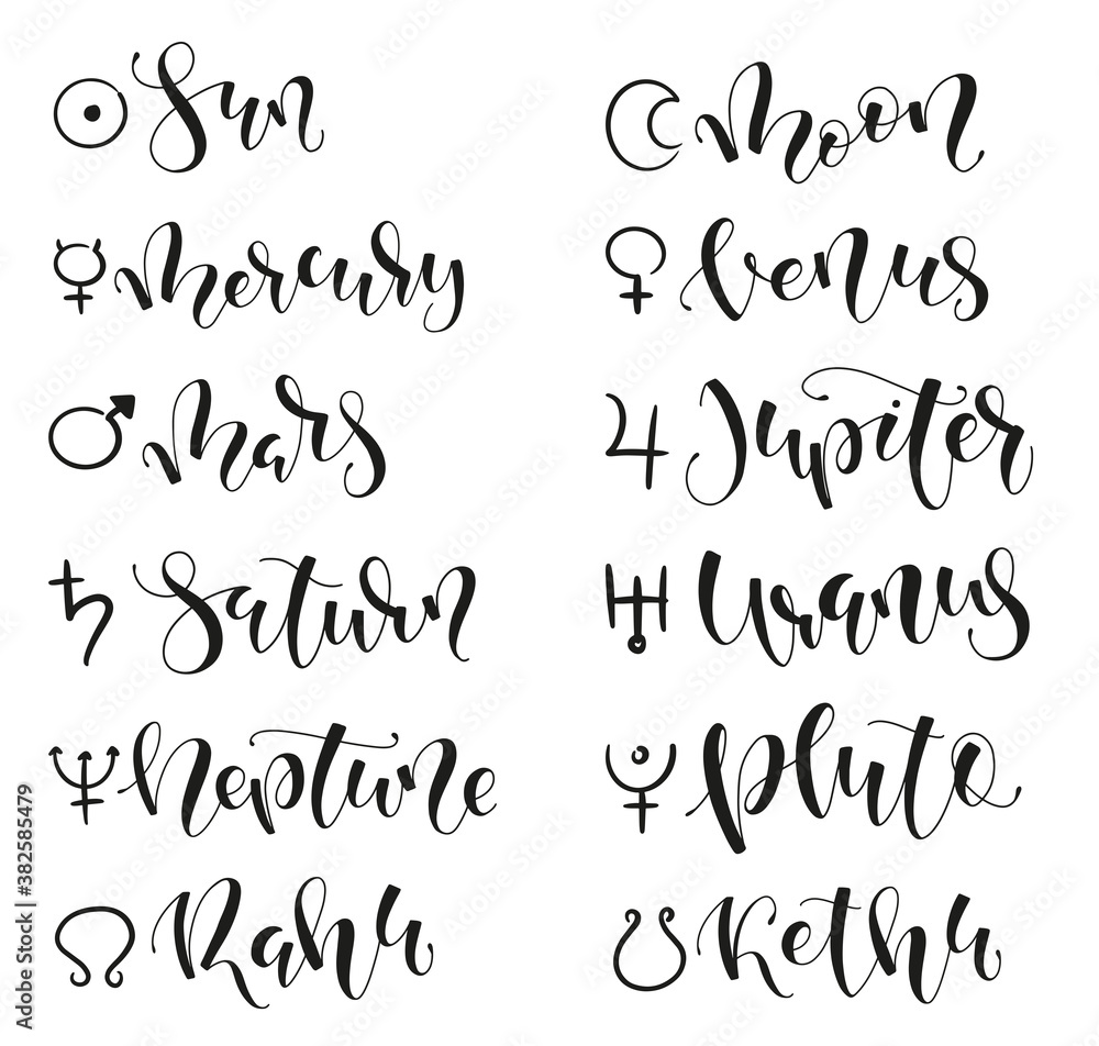 Planet lettering and sign in hindu astrology. Vector illustration with doodle black sketch isolated on white background. Mars, Venus, Mercury, Moon, Sun, Jupiter, Saturn, Pluto, Uranus, Neptune, Rahy