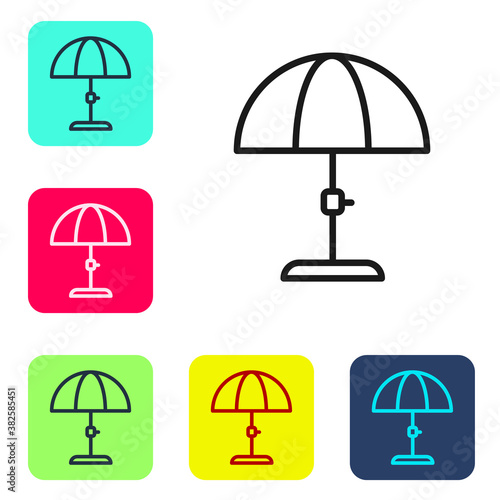 Black line Sun protective umbrella for beach icon isolated on white background. Large parasol for outdoor space. Beach umbrella. Set icons in color square buttons. Vector.