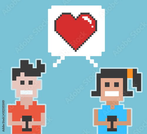 Vector mobile relationship with pixel art concept.To see the other pixel people illustrations , please check pixel art collection. © Vaytpark