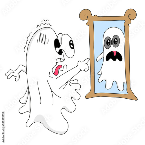 the ghost is terrified looking at himself in the mirror
