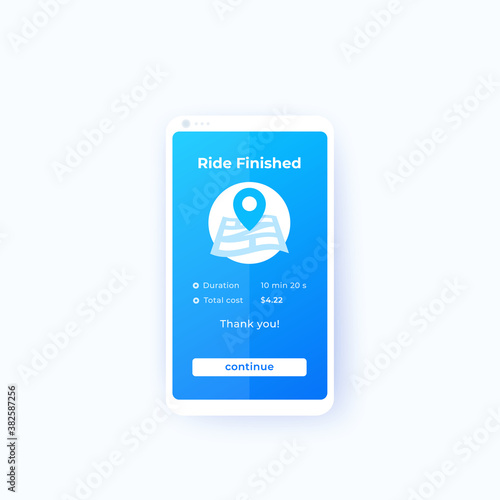 Ride finished, mobile app ui, vector