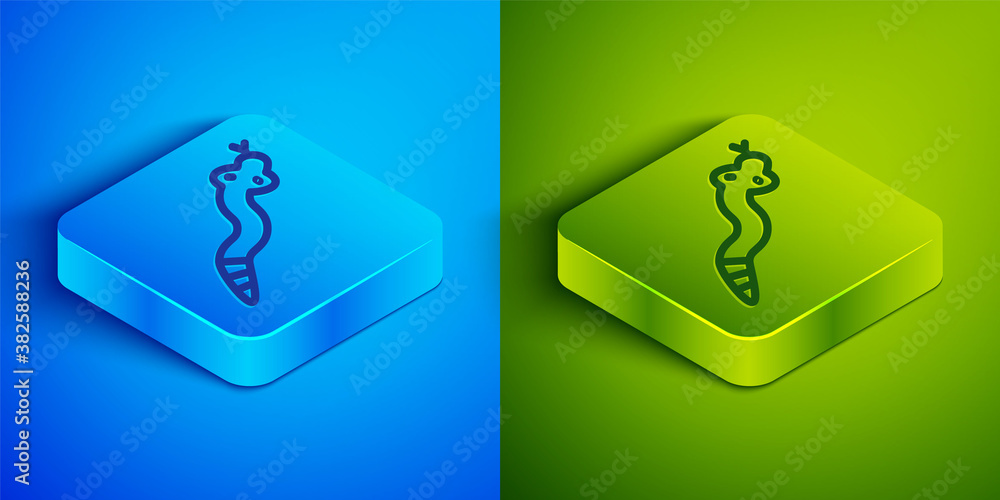 Isometric line Snake icon isolated on blue and green background. Square button. Vector. Isometric line Snake icon isolated on blue and green background. Square button. Vector.