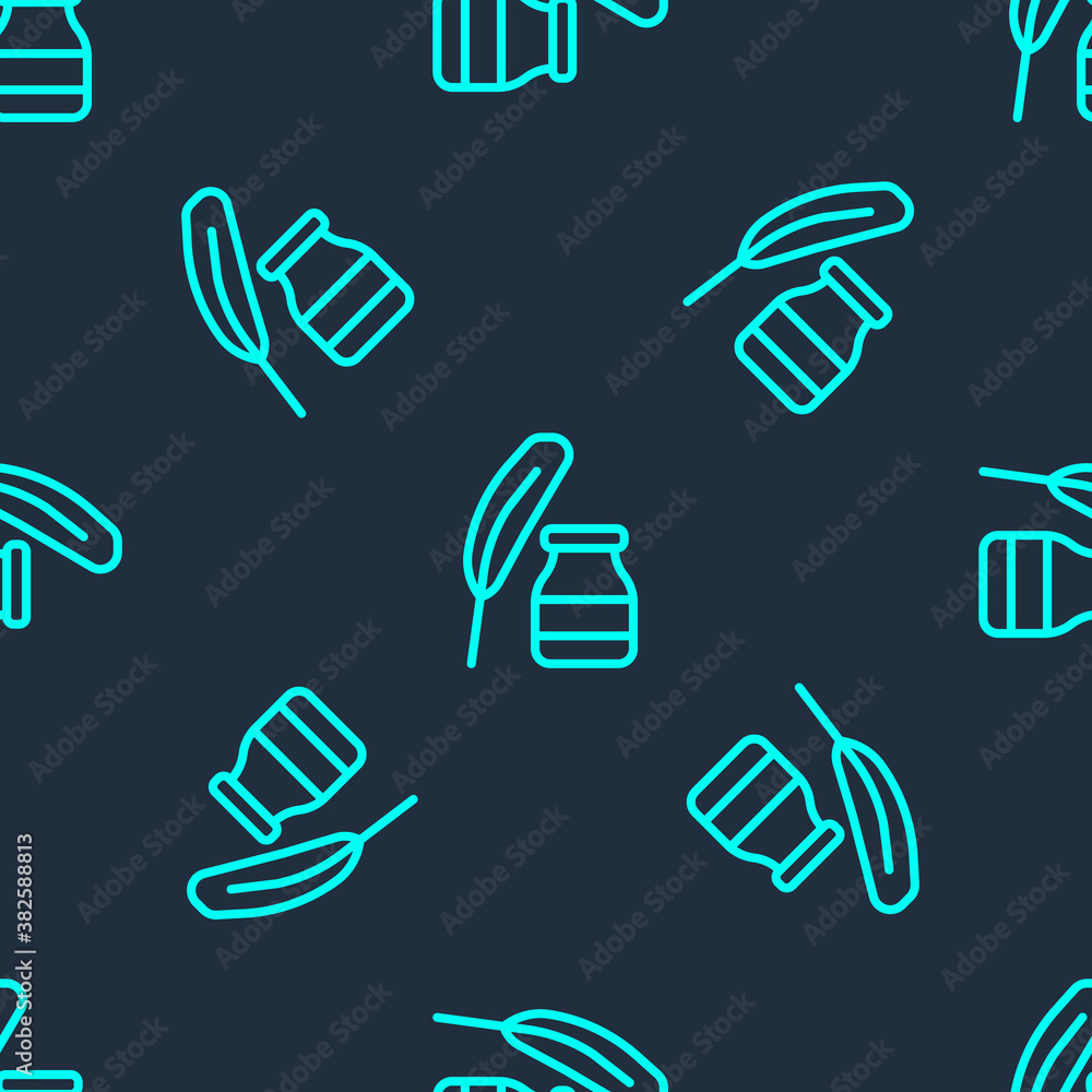 Green line Feather and inkwell icon isolated seamless pattern on blue background. Vector. Green line Feather and inkwell icon isolated seamless pattern on blue background. Vector.