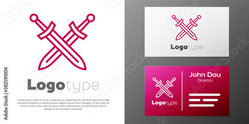 Logotype line Crossed medieval sword icon isolated on white background. Medieval weapon. Logo design template element. Vector.