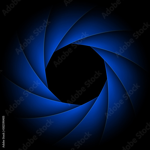 Background with camera lens shutter, blue black abstract design, vector illustration.