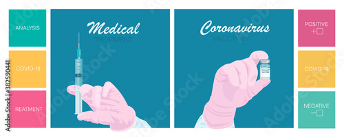 COVID 19. SARS CoV 2. Coronavirus vaccine, syringe, injection. Medics hand, vaccine bottles, syringe