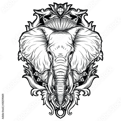tattoo and t-shirt design black and white hand drawn elephant engraving ornament  premium vector