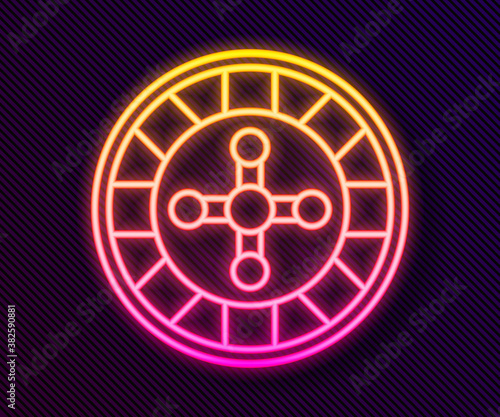 Glowing neon line Casino roulette wheel icon isolated on black background. Vector.