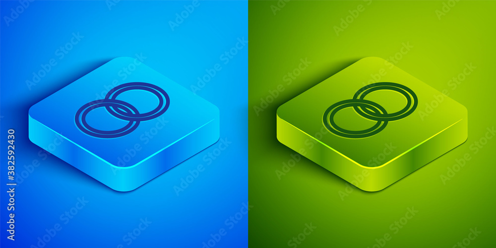 Isometric line Wedding rings icon isolated on blue and green background. Bride and groom jewelry sign. Marriage symbol. Diamond ring. Square button. Vector. Isometric line Wedding rings icon isolated on blue and green background. Bride and groom jewelry sign. Marriage symbol. Diamond ring. Square button. Vector.