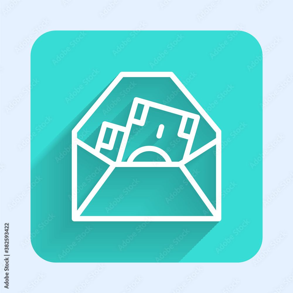 White line Envelope with coin dollar symbol icon isolated with long shadow. Salary increase, money payroll, compensation income. Green square button. Vector. White line Envelope with coin dollar symbol icon isolated with long shadow. Salary increase, money payroll, compensation income. Green square button. Vector.