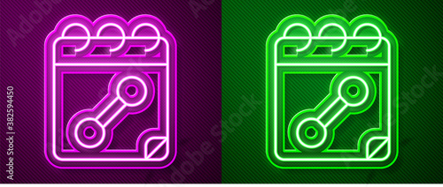 Glowing neon line Calendar fitness icon isolated on purple and green background. Training schedule. Vector.