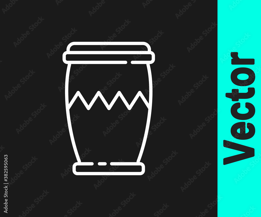 White line Drum icon isolated on black background. Music sign. Musical instrument symbol. Vector. White line Drum icon isolated on black background. Music sign. Musical instrument symbol. Vector.