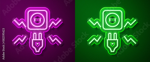 Glowing neon line Connecting electric plug with electricity spark icon isolated on purple and green background. Vector.