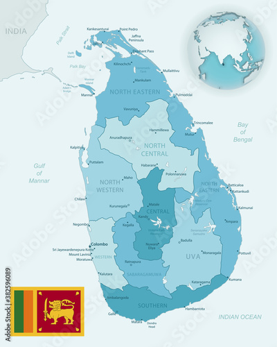 Blue-green detailed map of Sri Lanka administrative divisions with country flag and location on the globe.
