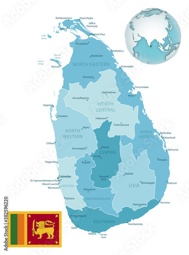 Sri Lanka administrative blue-green map with country flag and location on a globe.