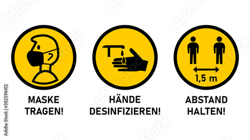 Set of Round Instruction Icons against the Spread of Coronavirus Covid-19, including Wear a Face Mask, Keep Your Distance 6 ft or 6 Feet, Wash Your Hands and Sanitize Your Hands. Vector Image.