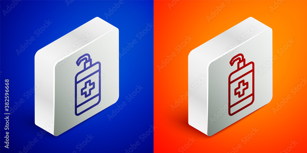 Isometric line Hand sanitizer bottle icon isolated on blue and orange background. Disinfection concept. Washing gel. Alcohol bottle for hygiene. Silver square button. Vector.
