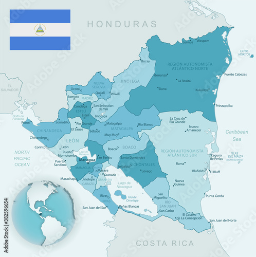Blue-green detailed map of Nicaragua administrative divisions with country flag and location on the globe.