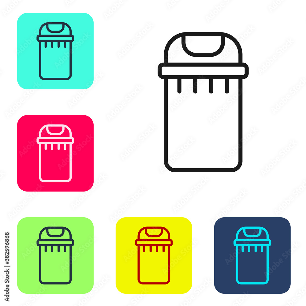 Black line Trash can icon isolated on white background. Garbage bin sign. Recycle basket icon. Office trash icon. Set icons in color square buttons. Vector. Black line Trash can icon isolated on white background. Garbage bin sign. Recycle basket icon. Office trash icon. Set icons in color square buttons. Vector.