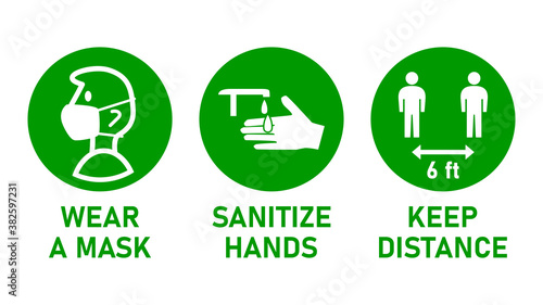 Round Instruction Signs with Basic Set of Measures to take against the Spread of Coronavirus Covid-19 including Wear a Mask, Sanitize Hands and Keep Distance 6 ft or 6 Feet. Vector Image.