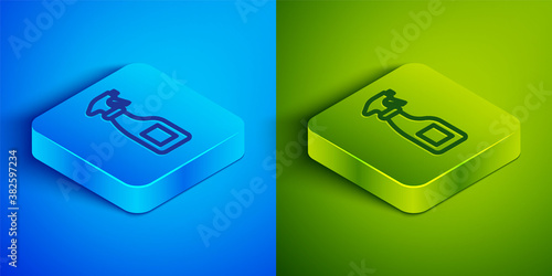 Isometric line Cleaning spray bottle with detergent liquid icon isolated on blue and green background. Square button. Vector.