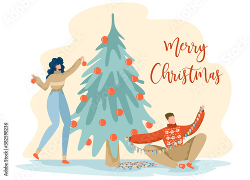 The girl and the guy are decorating the Christmas tree. The man unravels the garland. Merry christmas postcard. Vector illustration.