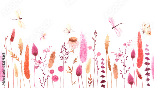 Watercolor floral seamless pattern with colorful wildflowers  flying butterflies and dragonflies. Panoramic horizontal border  summer meadow  banner  background for greeting  invitation card  wedding.