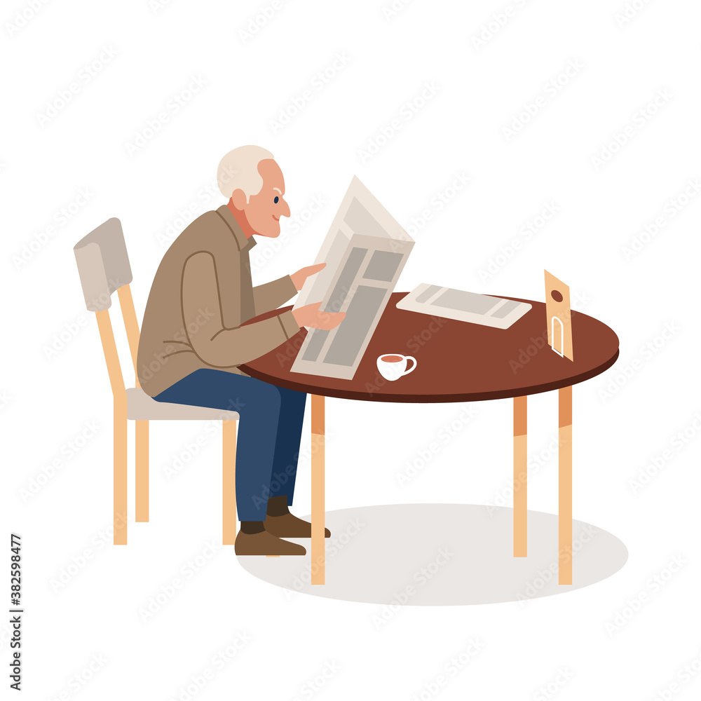 Old man with newspaper and coffee. Senior Adult Reading Newspaper Leisure Concept. Vector flat cartoon illustration.