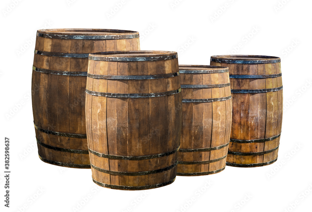 Fototapeta premium background oak barrels set in a row on a white basis pattern