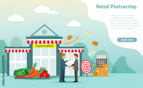 Businessmen shake hands in front of supermarket with fresh fruits/vegetables and gold coins, Idea for retail partnership, business strategy development and collaboraion concept. 
