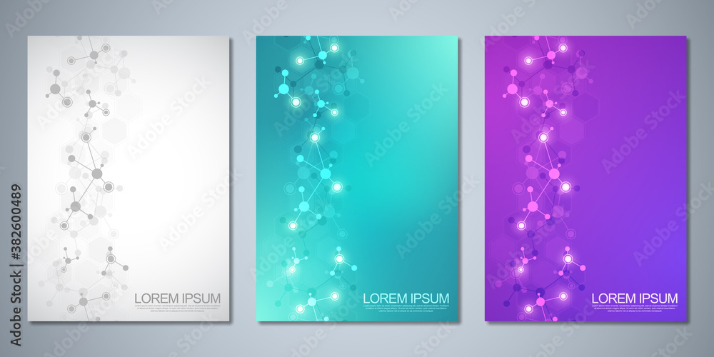 Templates brochure or cover book, page layout, flyer design with abstract background of molecular structures and DNA strand. Concept and idea for innovation technology, medical research, science.