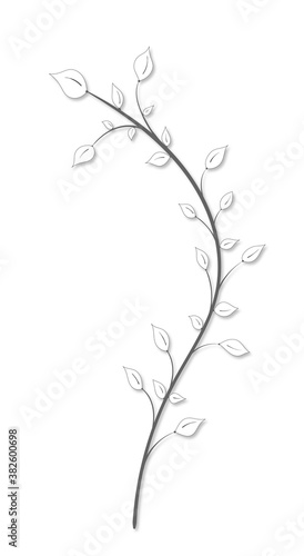 Vintage drawing of a branch with leaves in gray in vintage style on a white background