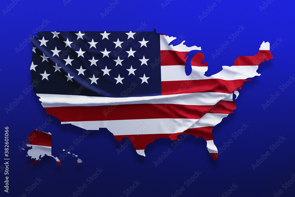 USA map shaped flag. American flag pattern in country map shape on blue background USA map shaped flag. American flag pattern in country map shape on blue background