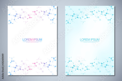 Templates brochure or cover book, page layout, flyer design with abstract background of molecular structures and DNA strand. Concept and idea for innovation technology, medical research, science.