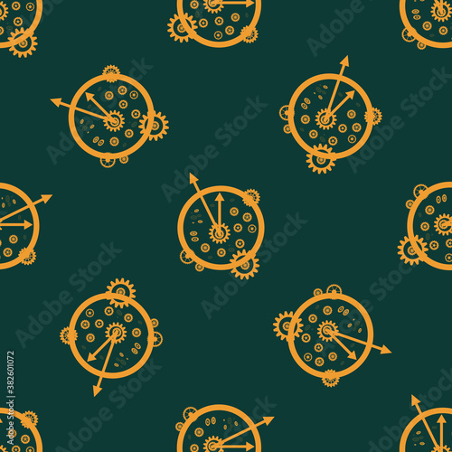 Seamless pattern. Clock from gold gears on a green background. For packaging, wrapping paper and decoration