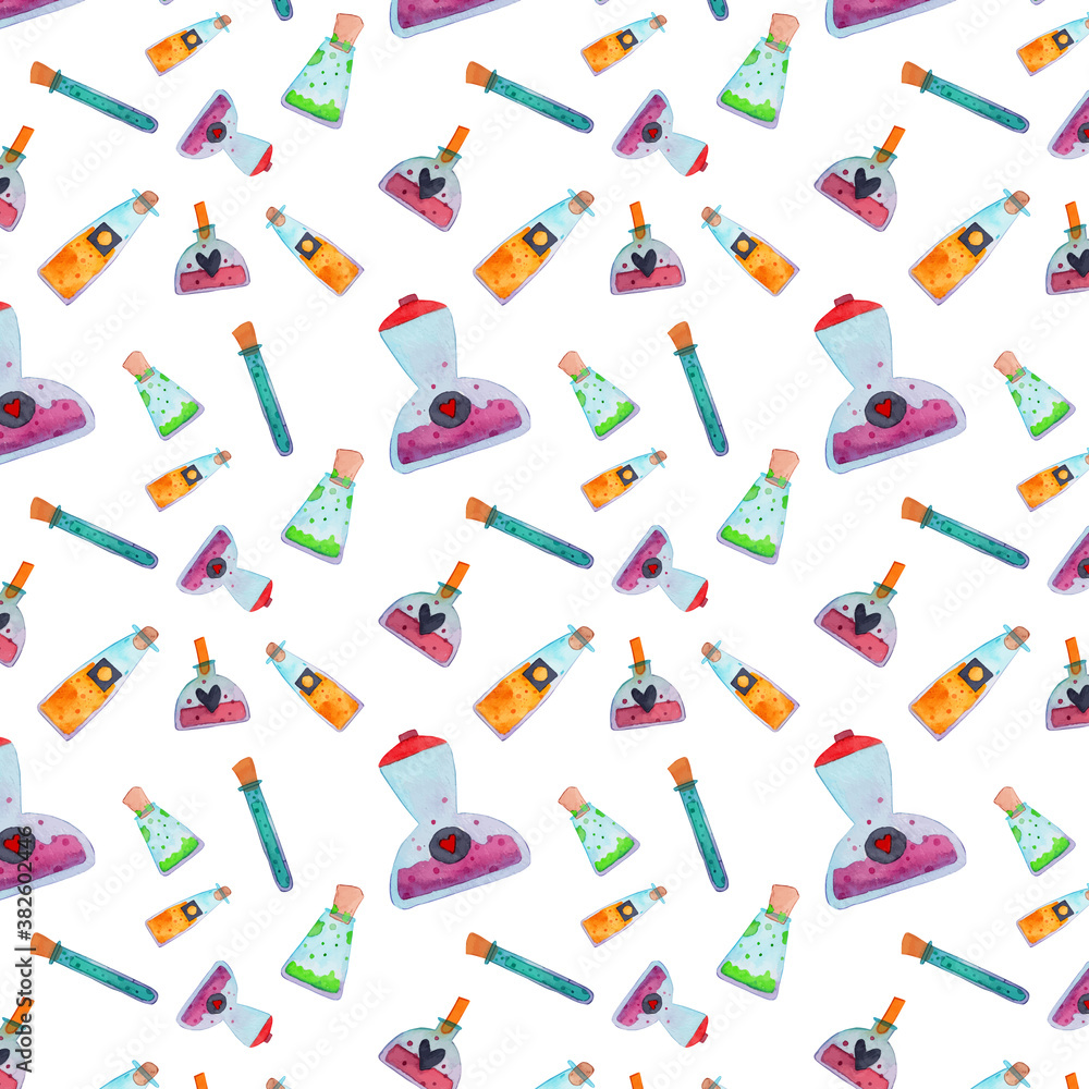 Watercolor witch bottles, flasks and containers. Halloween wizard seamless pattern. Holiday art colorful background clip art. Watercolor witch bottles, flasks and containers. Halloween wizard seamless pattern. Holiday art colorful background clip art.