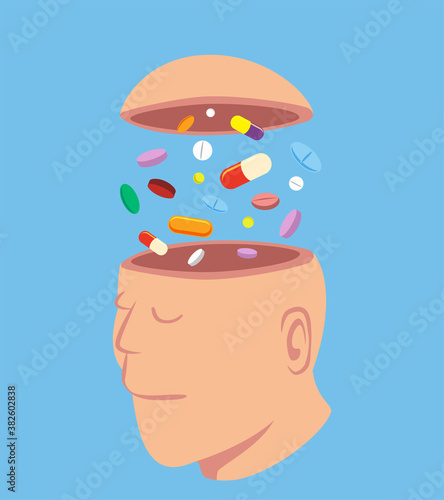 Man with a lot of pills in his open head, idea concept cartoon isolated on blue background vector illustration