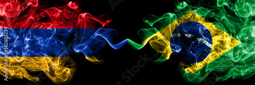 Armenia vs Brazil, Brazilian smoky mystic flags placed side by side. Thick colored silky abstract smoke flags