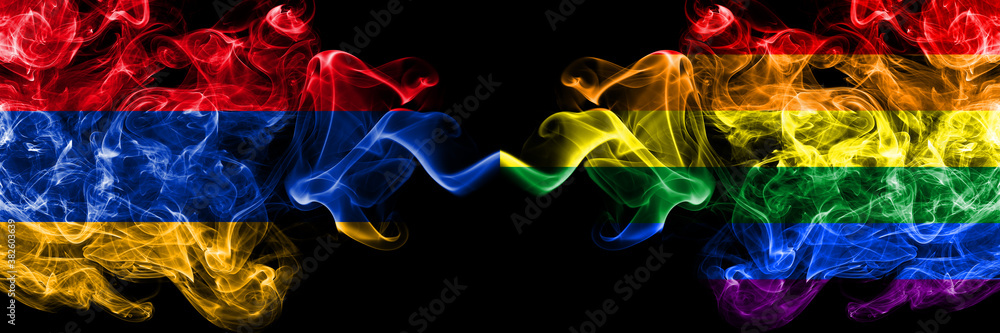 Obraz premium Armenia vs Gay pride smoky mystic flags placed side by side. Thick colored silky abstract smoke flags